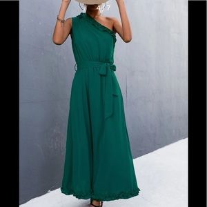 Asymmetrical One-Shoulder Ruffle Frill Belted Dark Hunter Green Long Maxi Dress